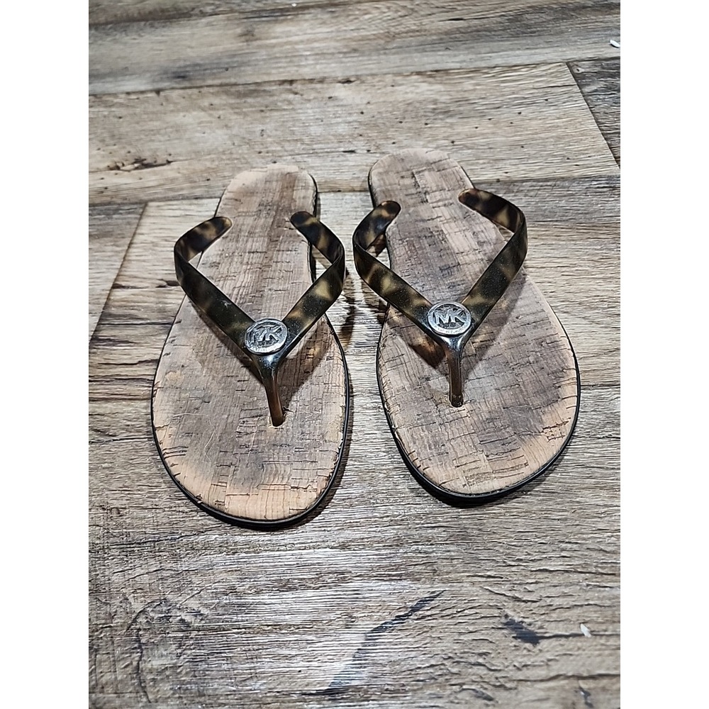 Michael Kors Cork Sandals Women's Size 8 Jelly Animal Print MK Logo Flip Flops